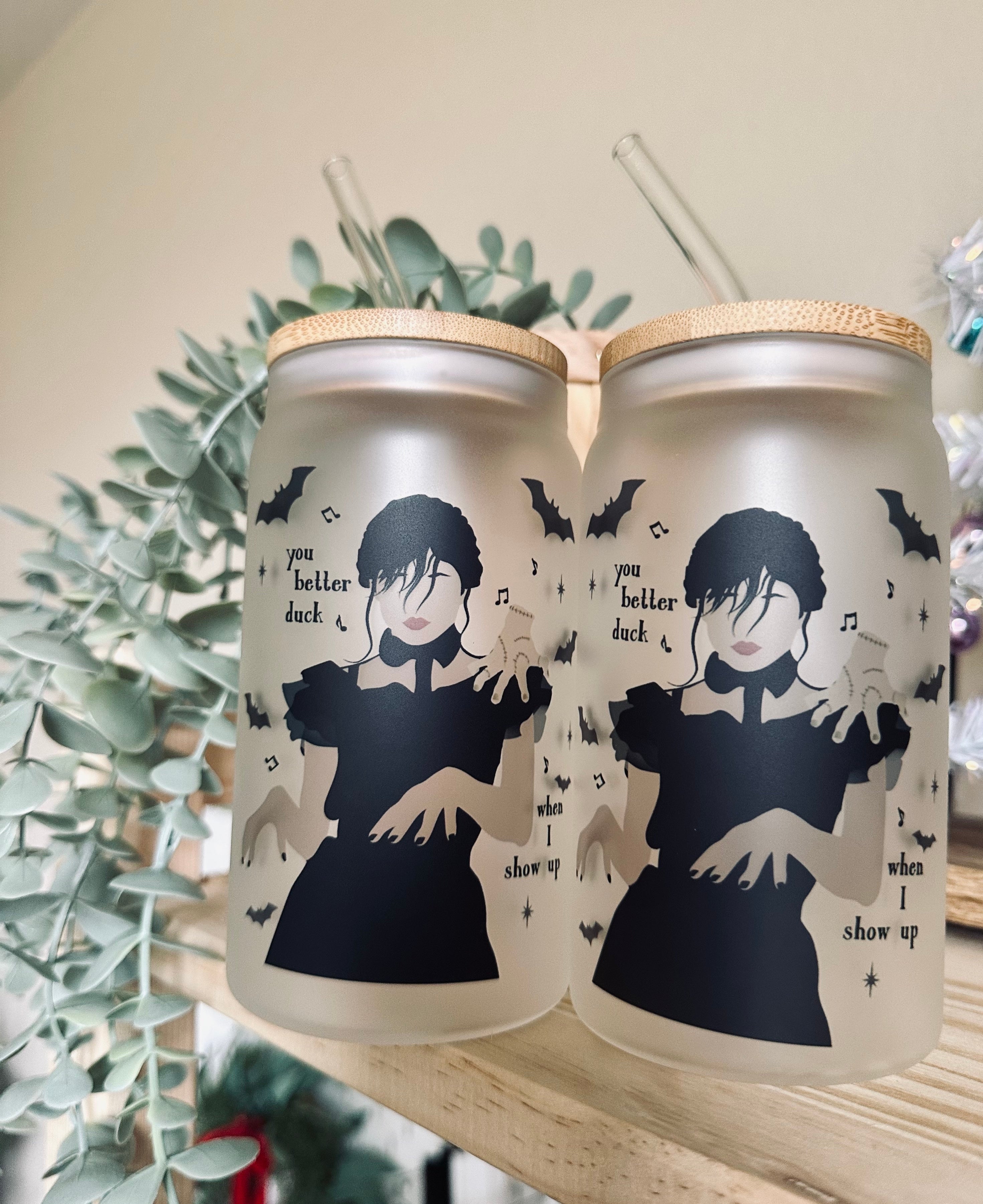 Wednesday Addams Can Cup Glass Tumbler With Bamboo Lid the Addams Family  Tumbler Starbucks Cup Glass Cup Wednesday Tumbler 