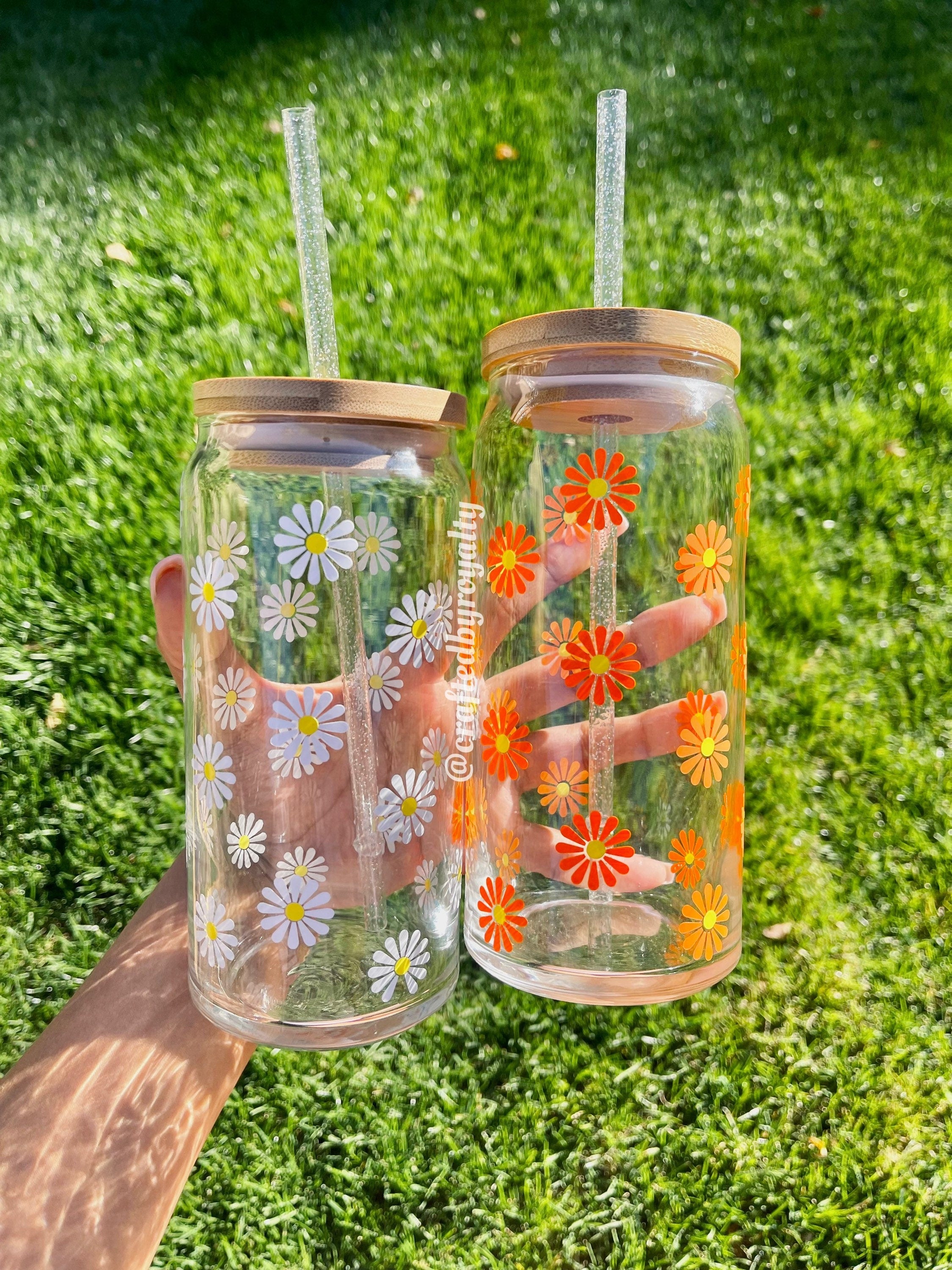 GROOVY FLOWER Glass Can Cup W/ Bamboo Lid & Straw Iced Coffee