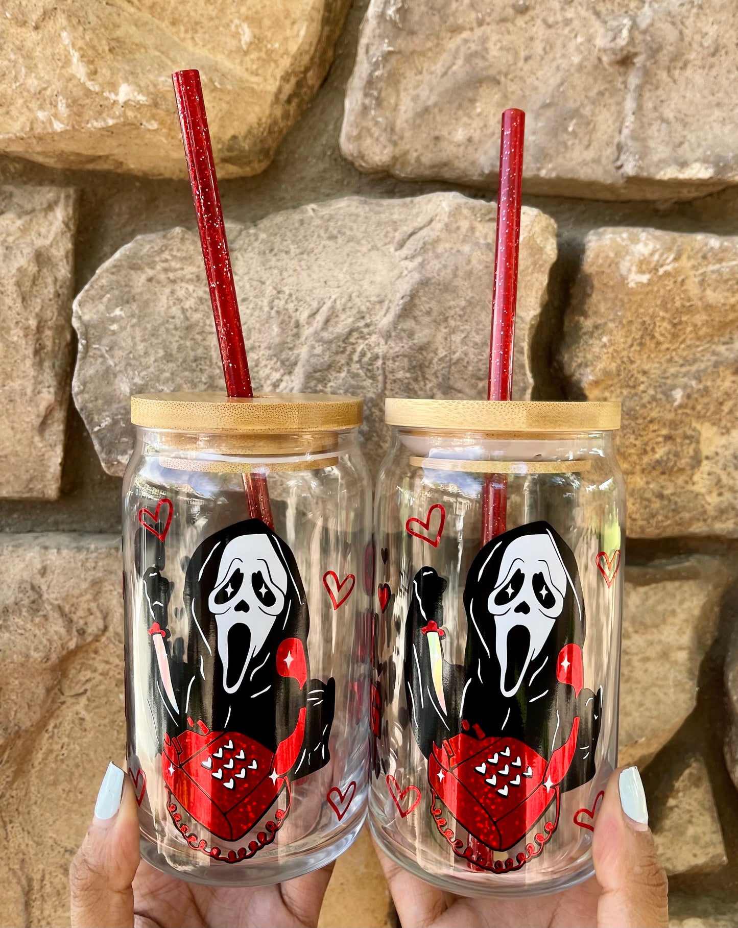 Scream Halloween 16oz Glass Can Cup With Lid and Straw